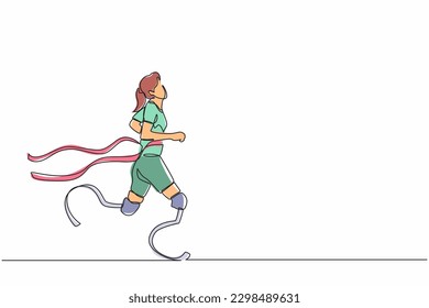 Single continuous line drawing young female athlete wins competition. Disabled sportswoman with amputee crossing finish line. Sport, summer disability games, recovery. One line graphic design vector