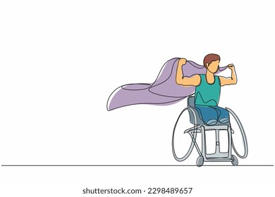 Single continuous line drawing young amputee man with body injuries raising flag. Disability athlete sitting on racing wheelchair, disabled sportsman. One line draw graphic design vector illustration