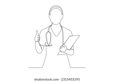 Single continuous line drawing of young female doctor nurse holding clipboard and giving thumbs up at hospital. Medical health care concept one line draw design vector illustration