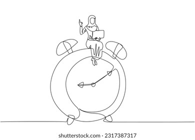 Single continuous line drawing of young Arabian businesswoman sitting on giant alarm clock while holding laptop. Showing one finger meaning having great idea when deadline will comes. One line design