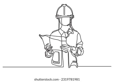 Single continuous line drawing young female architect holding blueprint paper pose and arms crossed  Professional occupation at work  Minimalism concept one line draw graphic design vector 