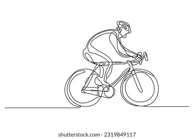 Single continuous line drawing of young agile man cyclist train to pedal cycling fast. Sport lifestyle concept. Trendy one line draw design vector illustration graphic for cycling race promotion media