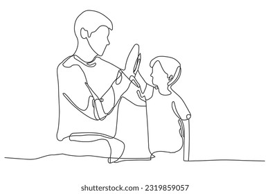 Single continuous line drawing of young father giving high five gesture to son for success in school, fatherhood time. Family parenting concept. Trendy one line drawing design vector illustration.