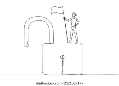 Single continuous line drawing young businessman standing on giant open padlock holding flag. Successful businessman find loopholes in a web to hack it. Vulnerable security. One line design vector