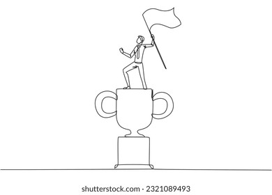 Single continuous line drawing young businessman standing on giant trophy. Raising flag as victory for business achievement. Determination for career success concept. One line design illustration