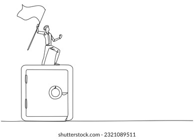 Single continuous line drawing of young businessman standing on giant safe deposit box raising flag. The importance of keeping documents business in a safe place. One line design vector illustration