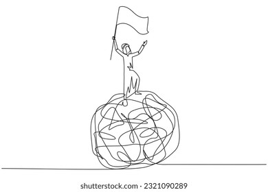 Single continuous line drawing of young Arabian businessman standing on giant tangled circle. Raising flag on his hand. Businessman who manage to get out of anxiety of mind. One line design vector