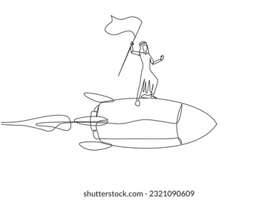 Single continuous line drawing of young successful Arabian businessman standing on flying rocket through the sky raising flag. Entrepreneur starting a new business startup. One line design vector