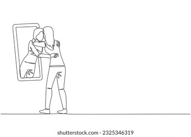 Single continuous line drawing of young beautiful woman stand in front of mirror. Her reflection get out of mirror and hug each other. Caring. Self love concept. One line design vector illustration