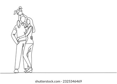 Single continuous line drawing of young woman hug her handsome husband who is holding their cute daughter on shoulders hug. Smiling couple with child. Happy family relations. One line design vector