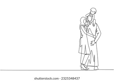 Single continuous line drawing of young Arabian woman hug her handsome husband who is holding their little cute son on shoulders hug. Happy Arabian family concept. One line design vector illustration