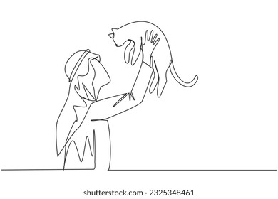 Single continuous line drawing of young Arabian man holding his little cat. Male pet owner plays with a funny fluffy cat. Arab man holding cute kitty. Concept of caring animals. One line design vector