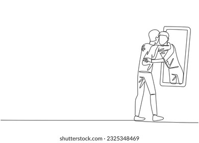 Single continuous line drawing of young happy trendy man stand in front of mirror. His reflection get out of mirror and hug each other. Caring. Self love concept. One line design vector illustration