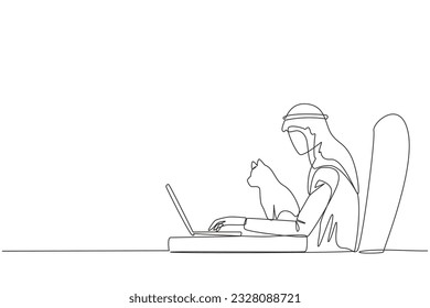 Single continuous line drawing of young Arabian man sitting in a gaming chair playing a game on a laptop. Putting the beloved cat on the laptop while stroking it. One line design vector illustration