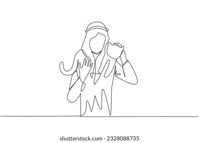 Single continuous line drawing young energetic Arabian man carrying cat his shoulders  Happy man hugging his beloved pet his shoulders  Animal lovers  One line design vector illustration