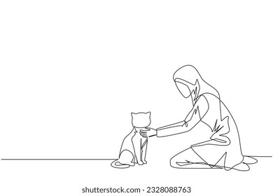 Single continuous line drawing of young Arabian woman hugging hugging her beloved cat. Kneeling, she put her cat on the floor. Stroking her cat and then asked to play. One line vector illustration