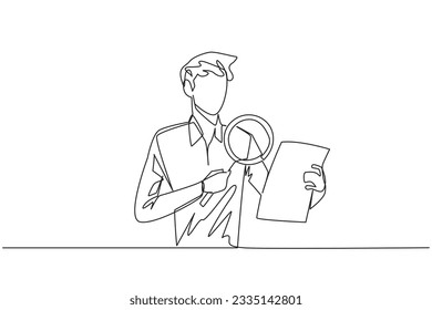 Single continuous line drawing young businessman holds a piece of paper and checks it with a magnifier. Businessman work with research analytics and statistic. One line design vector illustration