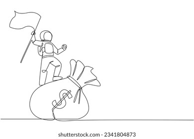 Single continuous line drawing young energetic astronaut standing on giant money bag holding fluttering flag. Wealthy successful astronaut. Cosmonaut outer space. One line design vector illustration