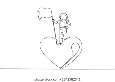 Single continuous line drawing young energetic astronaut standing on giant symbol heart. Astronauts do charity for fellow astronaut families. Cosmonaut deep space. One line design vector illustration