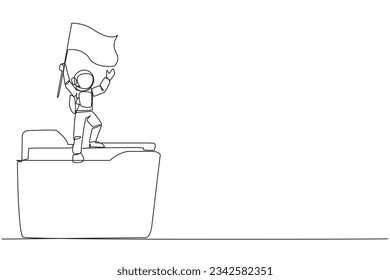 Single continuous line drawing young energetic astronaut standing on giant folder icon holding fluttering flag. Archiving expedition files to be used as a journal. One line design vector illustration
