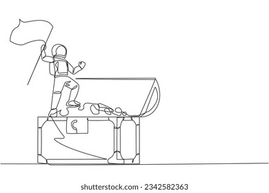 Single continuous line drawing young energetic astronaut standing on giant open treasure chest holding fluttering flag. Get treasure on the surface of the moon. One line design vector illustration