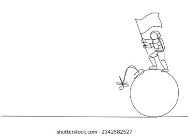 Single continuous line drawing young astronaut standing on large bomb with a burning fuse holding fluttering flag. Astronauts feeling will be danger during the expedition. One line vector illustration