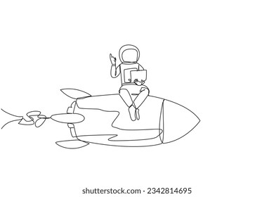 Single continuous line drawing young energetic astronaut sitting on flying rocket holding laptop raise one hand. Expedition to repair damage near the lunar surface. One line design vector illustration