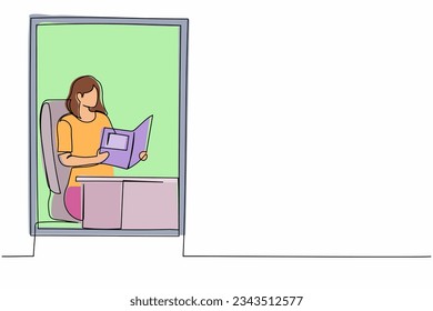 Single continuous line drawing young woman reading book. Businesswoman reader. Person update knowledge, sitting in armchair by window in living room. One line draw graphic design vector illustration