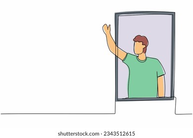 Single continuous line drawing young male waving at window as look like to greet or invite people to come in. Man looking out from apartment from windowsill. One line draw design vector illustration