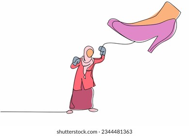 Single continuous line drawing young Arab businesswoman punching uppercut under big foot stomp. Manager against authoritarian or anger boss. Minimal metaphor. One line draw design vector illustration