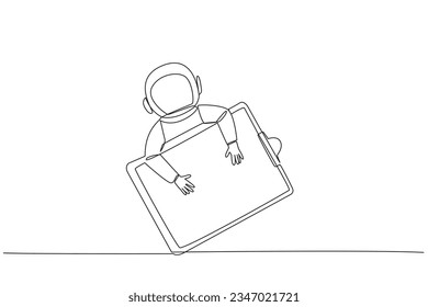Single continuous line drawing young energetic astronaut hugging clipboard. Keep records of what has been done during the expedition. And do a check. Galaxy cosmic. One line design vector illustration