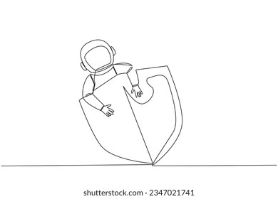 Single continuous line drawing young energetic astronaut hugging shield. Request additional protection to make expeditions in space safer. Cosmic galaxy deep space. One line design vector illustration