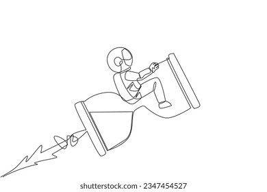 Single continuous line drawing young energetic astronaut rides on the rocket-like hourglass. When the countdown is over, the flight into space begins. Cosmonaut. One line design vector illustration