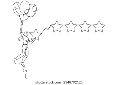Single continuous line drawing young happy woman flying with balloon carry 1 star and wants to align it with the other 4 stars. Trying to give a perfect rating. One line design vector illustration