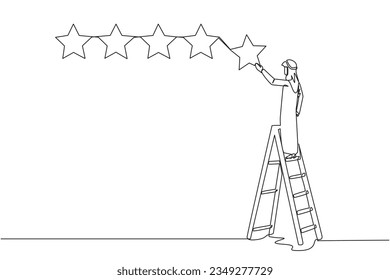 Single continuous line drawing young energetic Arabian man climbs a ladder carrying 1 star, making it 5 stars in a row. Give very good recommendation to the seller. One line design vector illustration