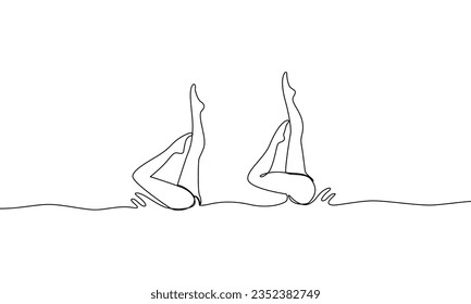 Single continuous line drawing of young athletic women. Synchronized swimming, artistic swimming. The concept of group competitions in water sports. One line drawing vector illustration