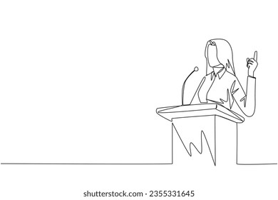 Single continuous line drawing young businesswoman speaking at the podium while giving gesture of lifting one finger up. Inspirational speech. Conference stage. One line design vector illustration