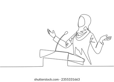 Single continuous line drawing young Arab businesswoman speaking at podium while opening hands. Explain history of the company to become a multinational company. One line design vector illustration