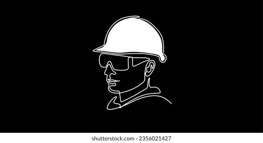 Single continuous line drawing of young construction worker. Building architecture business concept. One line draw design vector. Black background.