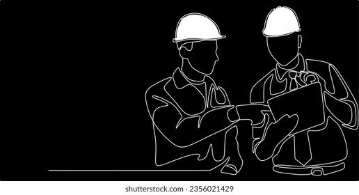 Single continuous line drawing of young construction worker. Building architecture business concept. One line draw design vector. Black background.