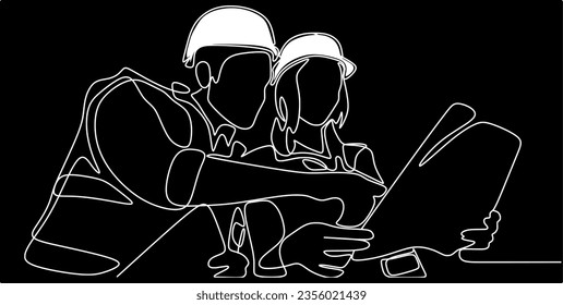Single continuous line drawing of young construction worker. Building architecture business concept. One line draw design vector. Black background.