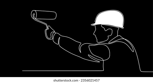 Single continuous line drawing of young construction worker. Building architecture business concept. One line draw design vector. Black background.