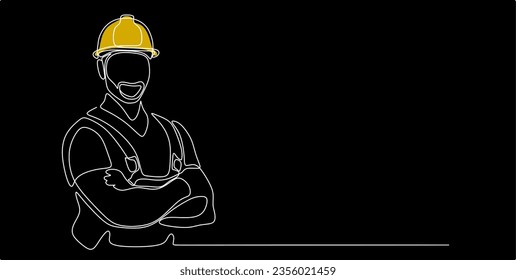 Single continuous line drawing of young construction worker. Building architecture business concept. One line draw design vector. Black background.