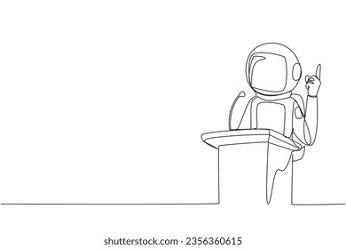 Single continuous line drawing young astronaut speaking at the podium while giving gesture of lifting one finger up. Inspirational speech. Conference stage. Orator. One line design vector illustration