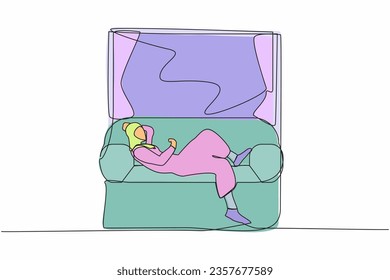 Single continuous line drawing young Arab woman lying sofa near windowsill  Female resting in room near window  Spending time at home  relaxing after work  One line draw design vector illustration