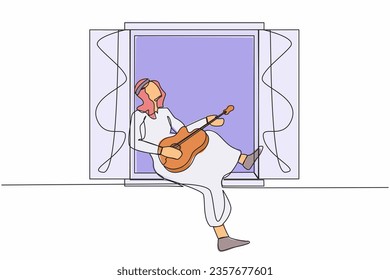 Single continuous line drawing young Arabian man sitting on windowsill playing guitar and sing song. Stay at home, human life, relaxation, comfort, romantic. One line draw design vector illustration