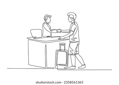 Single continuous line drawing young man tourist handshaking hotel receptionist and ask to book room while holding luggage. Travelling concept. Dynamic one line draw graphic design vector illustration