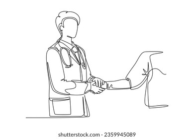 Single continuous line drawing young doctor shaking hand the patient in hospital asking update condition. Healthcare medical check up concept. Dynamic one line draw graphic design vector illustration