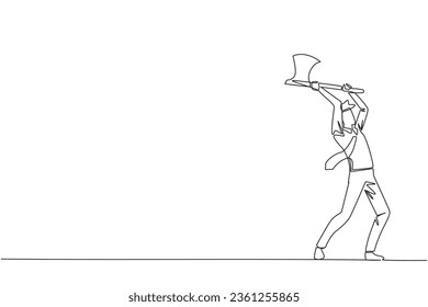 Single continuous line drawing young active businessman swinging an axe. Style like a lumberjack. Strong. Muscular. Powerful. Sports for physical health. Awareness. One line design vector illustration