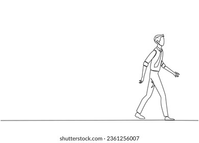 Single continuous line drawing young businessman walking to canteen to break and lunch. Taking time for a while to hone ideas back into brilliant ideas. Success. One line design vector illustration